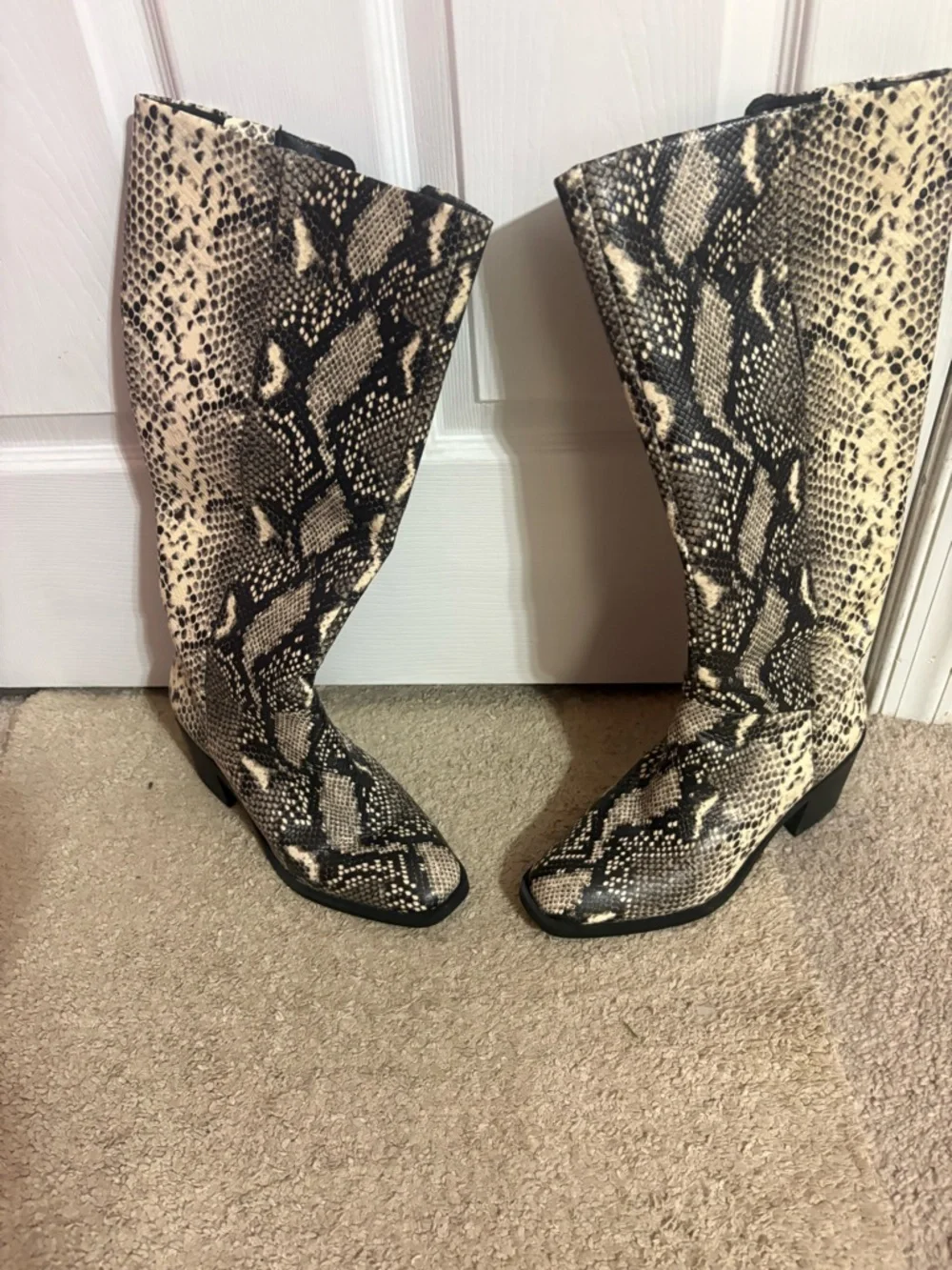 Snake Print Knee Boots - Black & Cream - Picture 5 of 8